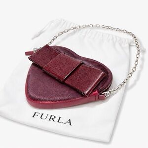 Furla NWOT Burgundy Heart Coin Purse Haircalf Bow Chain Key Pouch Wristlet